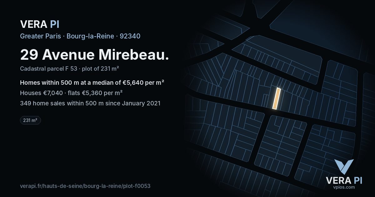 29 Avenue Mirebeau, Bourg-la-Reine at night – the plot lit, the parcels around coloured by the prices near them