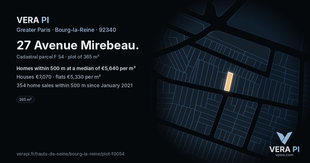 27 Avenue Mirebeau, Bourg-la-Reine at night – the plot lit, the parcels around coloured by the prices near them