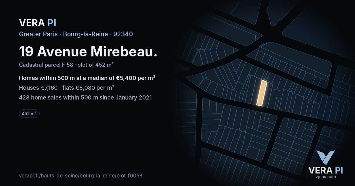 19 Avenue Mirebeau, Bourg-la-Reine at night – the plot lit, the parcels around coloured by the prices near them