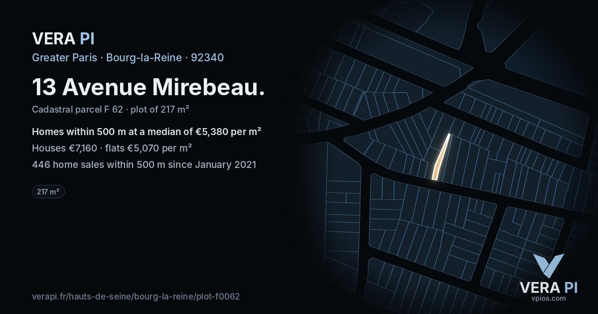 13 Avenue Mirebeau, Bourg-la-Reine at night – the plot lit, the parcels around coloured by the prices near them
