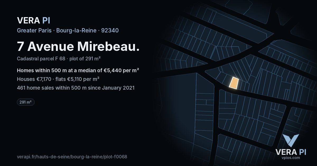 7 Avenue Mirebeau, Bourg-la-Reine at night – the plot lit, the parcels around coloured by the prices near them