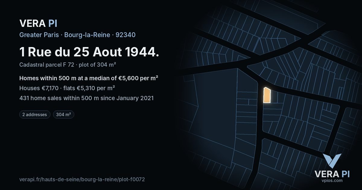 1 Rue du 25 Aout 1944, Bourg-la-Reine at night – the plot lit, the parcels around coloured by the prices near them