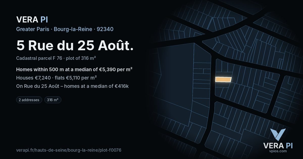 5 Rue du 25 Août, Bourg-la-Reine at night – the plot lit, the parcels around coloured by the prices near them