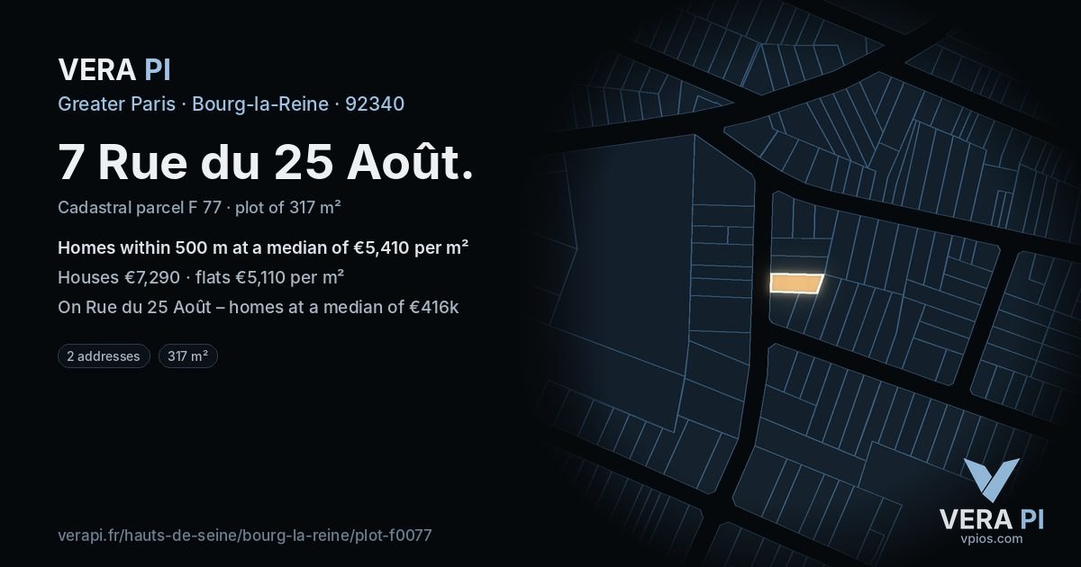 7 Rue du 25 Août, Bourg-la-Reine at night – the plot lit, the parcels around coloured by the prices near them