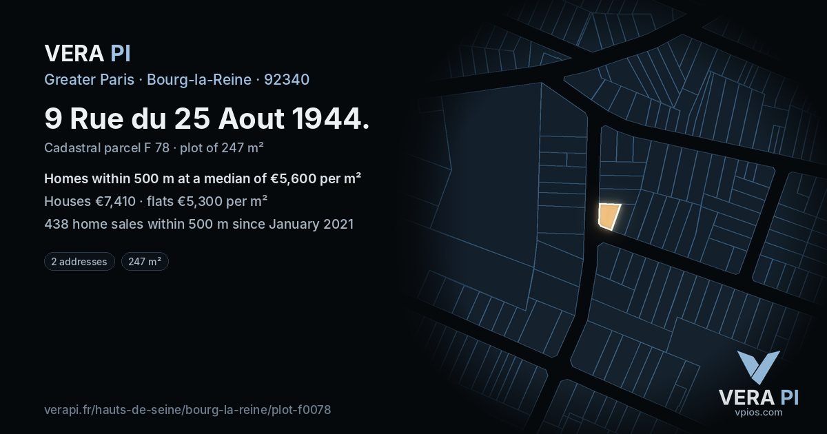 9 Rue du 25 Aout 1944, Bourg-la-Reine at night – the plot lit, the parcels around coloured by the prices near them