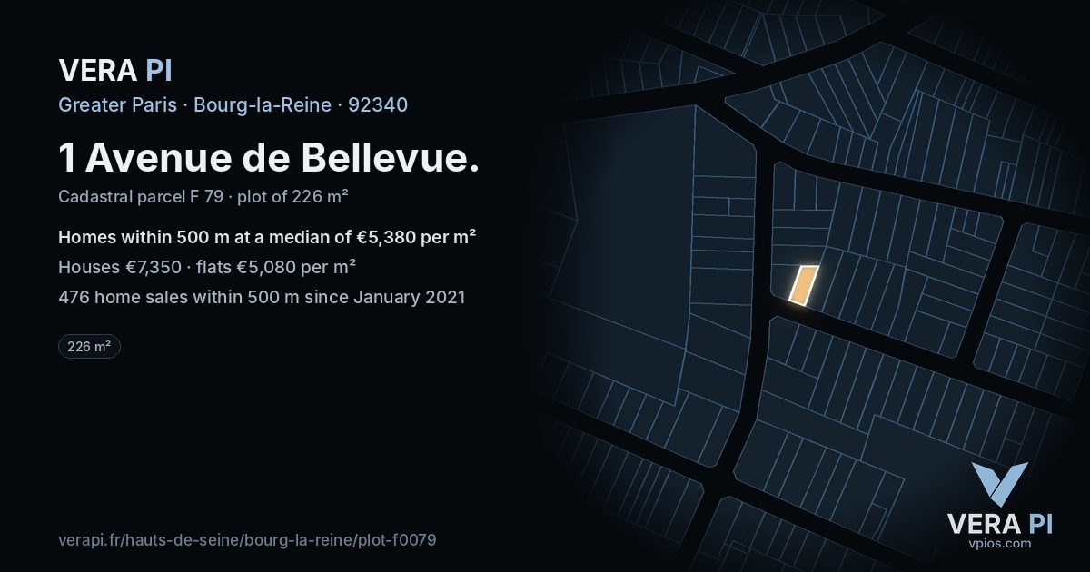 1 Avenue de Bellevue, Bourg-la-Reine at night – the plot lit, the parcels around coloured by the prices near them