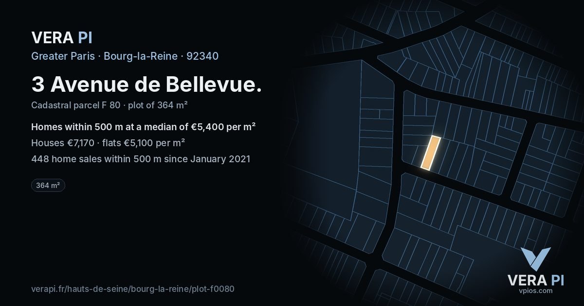 3 Avenue de Bellevue, Bourg-la-Reine at night – the plot lit, the parcels around coloured by the prices near them