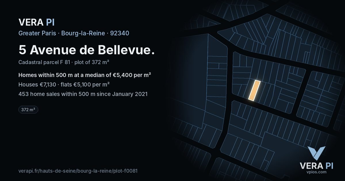 5 Avenue de Bellevue, Bourg-la-Reine at night – the plot lit, the parcels around coloured by the prices near them