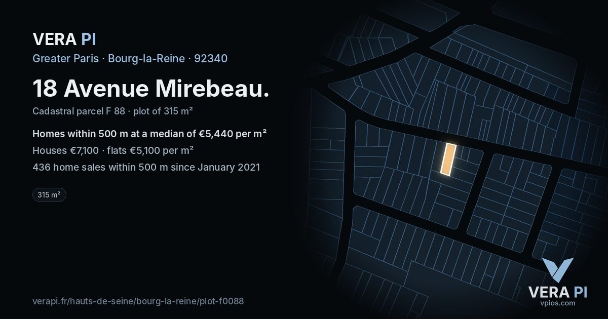 18 Avenue Mirebeau, Bourg-la-Reine at night – the plot lit, the parcels around coloured by the prices near them