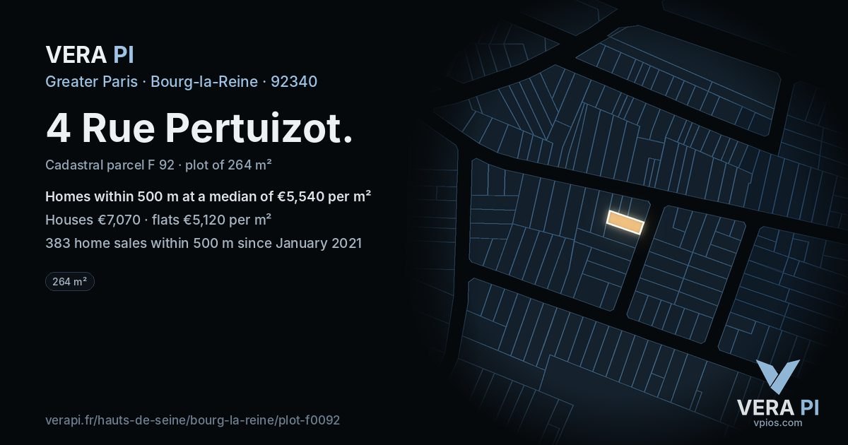 4 Rue Pertuizot, Bourg-la-Reine at night – the plot lit, the parcels around coloured by the prices near them