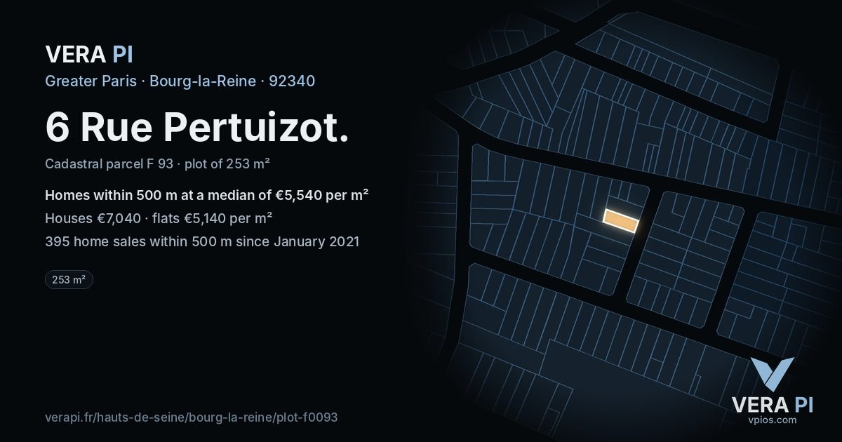 6 Rue Pertuizot, Bourg-la-Reine at night – the plot lit, the parcels around coloured by the prices near them