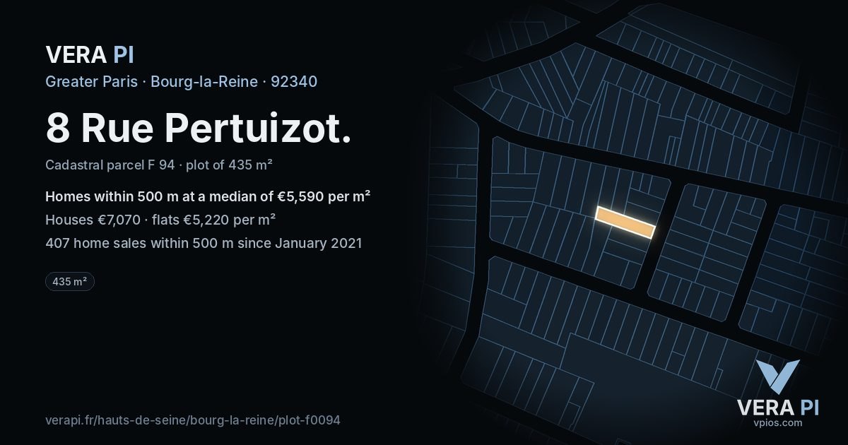 8 Rue Pertuizot, Bourg-la-Reine at night – the plot lit, the parcels around coloured by the prices near them