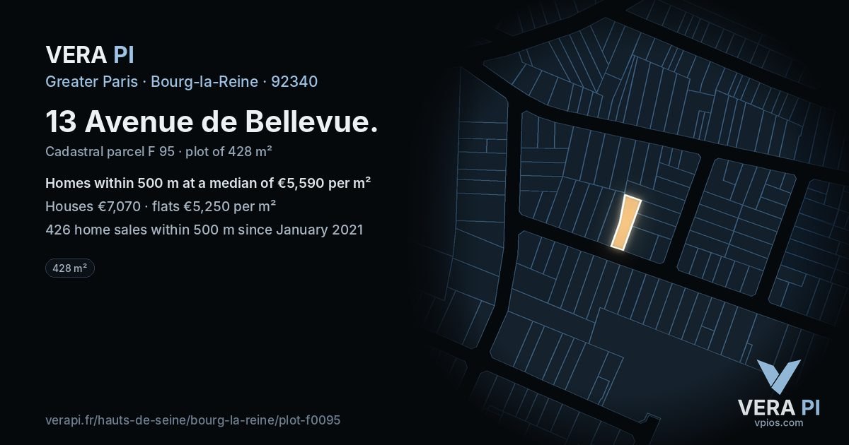 13 Avenue de Bellevue, Bourg-la-Reine at night – the plot lit, the parcels around coloured by the prices near them