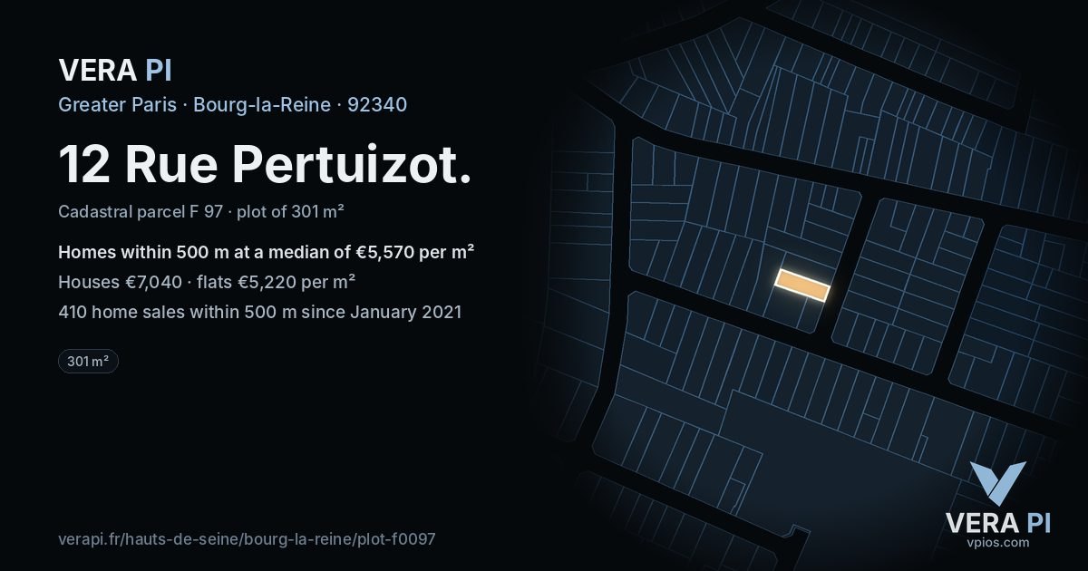 12 Rue Pertuizot, Bourg-la-Reine at night – the plot lit, the parcels around coloured by the prices near them