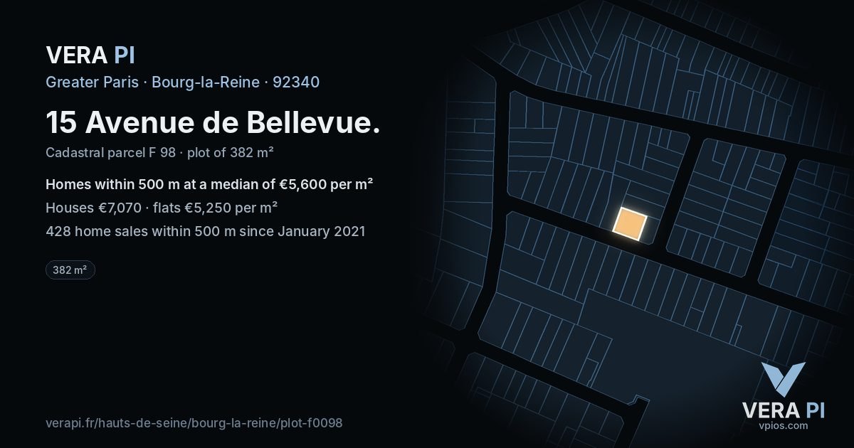 15 Avenue de Bellevue, Bourg-la-Reine at night – the plot lit, the parcels around coloured by the prices near them