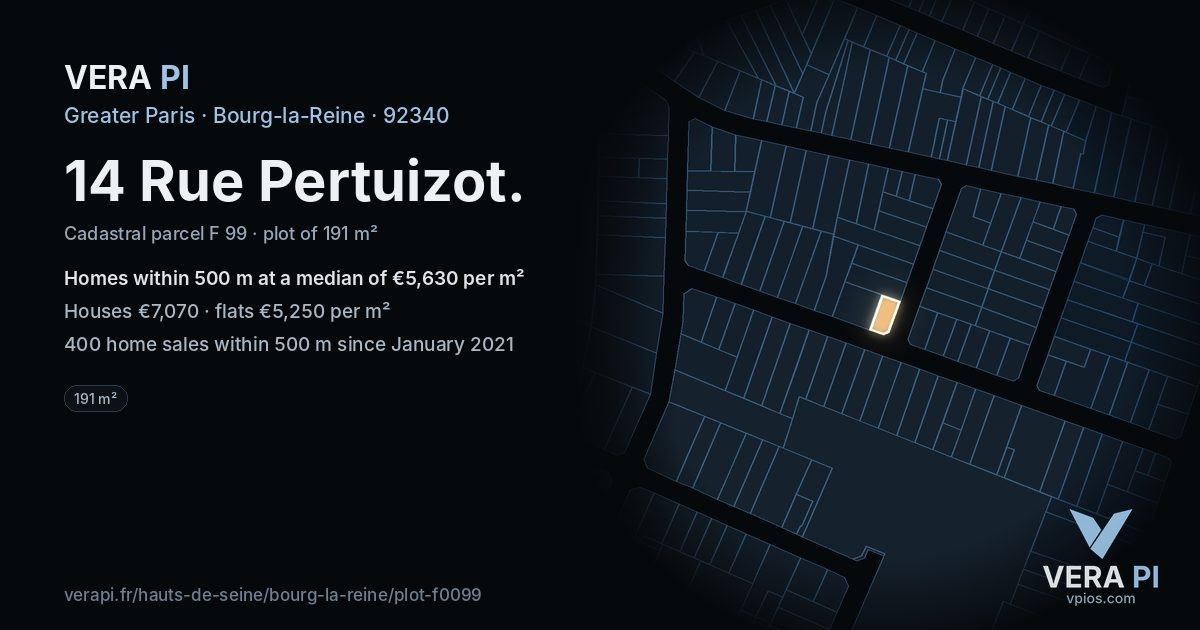 14 Rue Pertuizot, Bourg-la-Reine at night – the plot lit, the parcels around coloured by the prices near them
