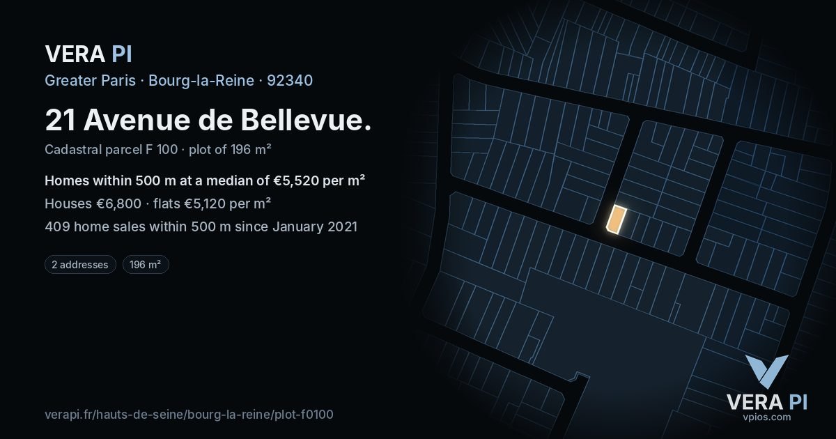 21 Avenue de Bellevue, Bourg-la-Reine at night – the plot lit, the parcels around coloured by the prices near them