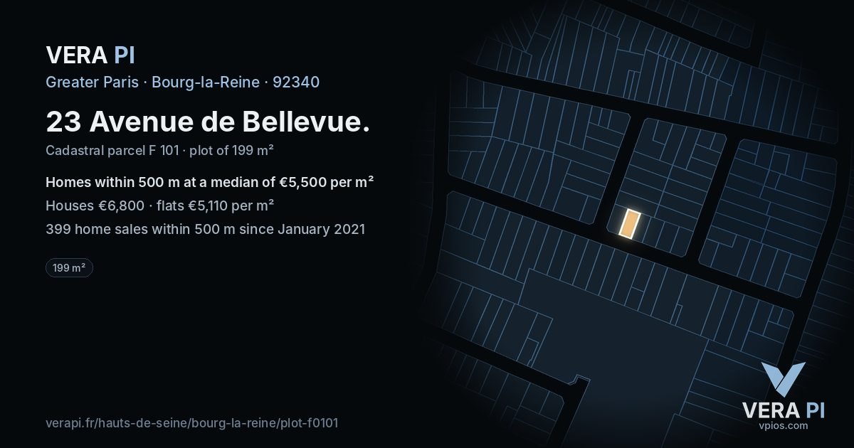 23 Avenue de Bellevue, Bourg-la-Reine at night – the plot lit, the parcels around coloured by the prices near them