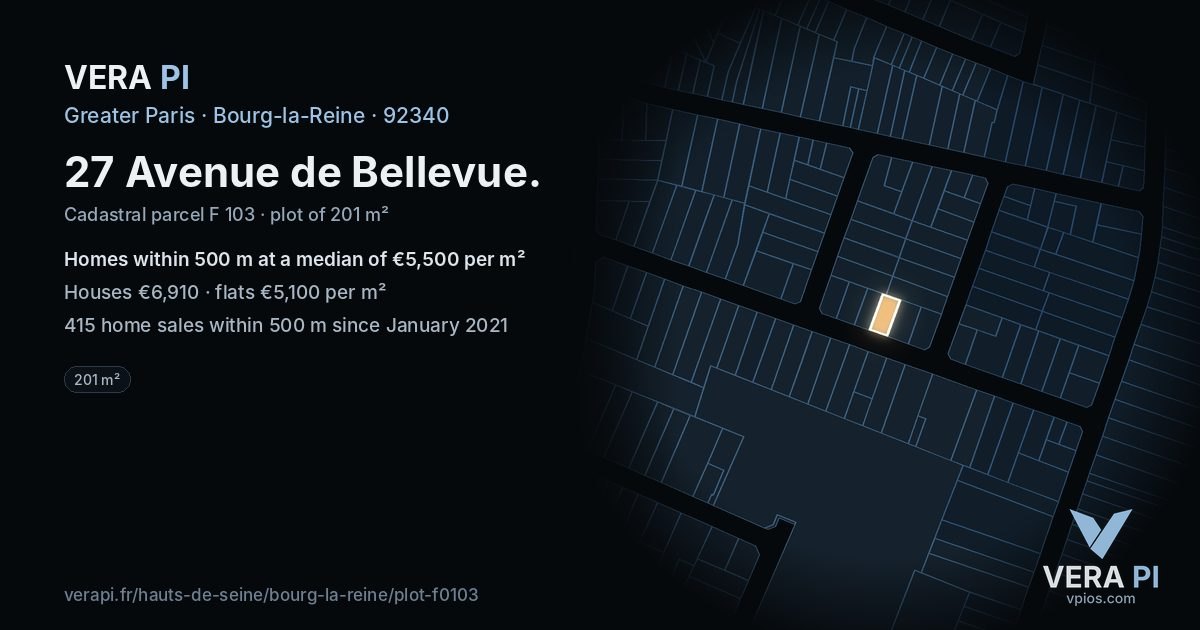 27 Avenue de Bellevue, Bourg-la-Reine at night – the plot lit, the parcels around coloured by the prices near them