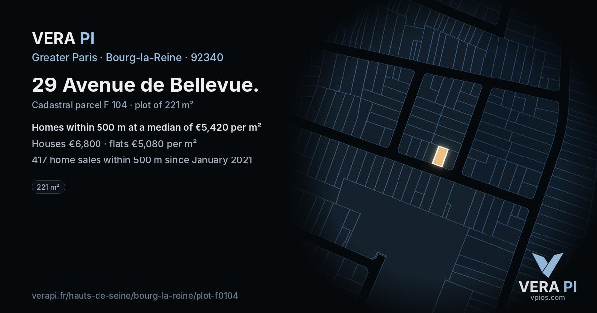 29 Avenue de Bellevue, Bourg-la-Reine at night – the plot lit, the parcels around coloured by the prices near them