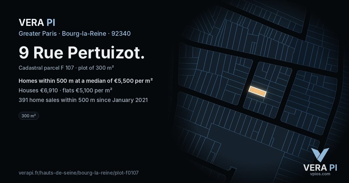 9 Rue Pertuizot, Bourg-la-Reine at night – the plot lit, the parcels around coloured by the prices near them