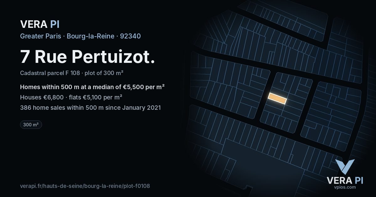 7 Rue Pertuizot, Bourg-la-Reine at night – the plot lit, the parcels around coloured by the prices near them