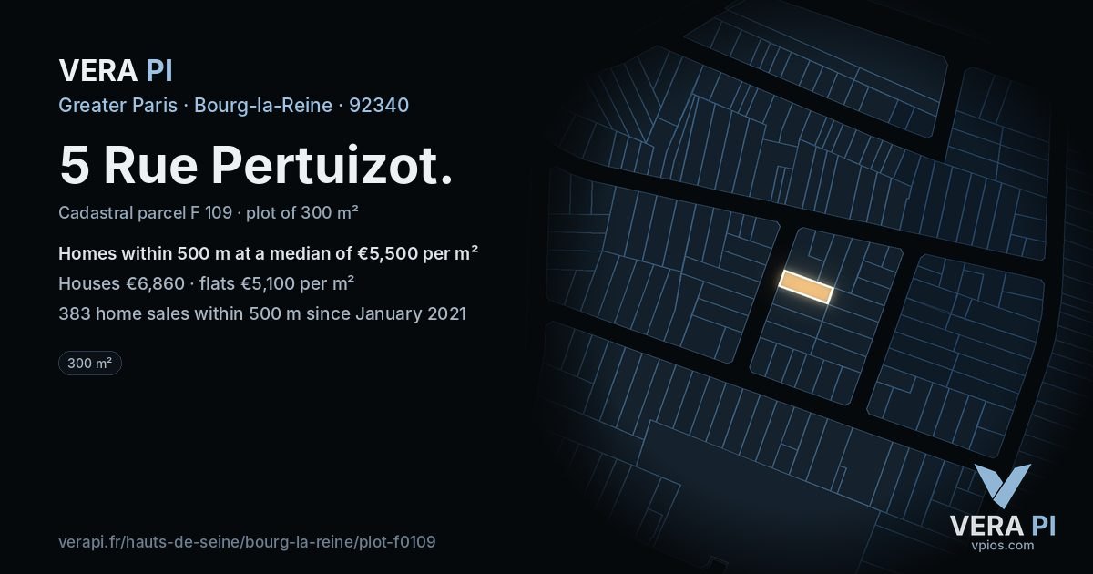 5 Rue Pertuizot, Bourg-la-Reine at night – the plot lit, the parcels around coloured by the prices near them