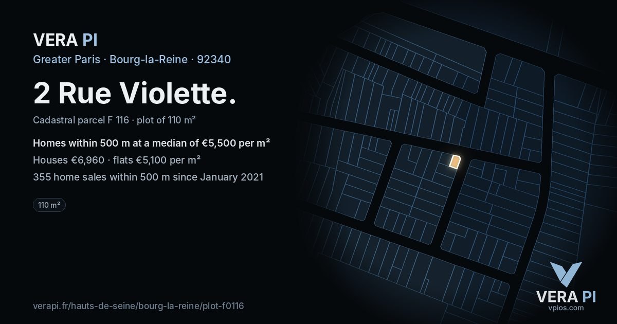 2 Rue Violette, Bourg-la-Reine at night – the plot lit, the parcels around coloured by the prices near them