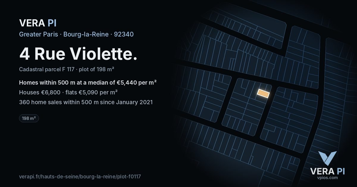 4 Rue Violette, Bourg-la-Reine at night – the plot lit, the parcels around coloured by the prices near them