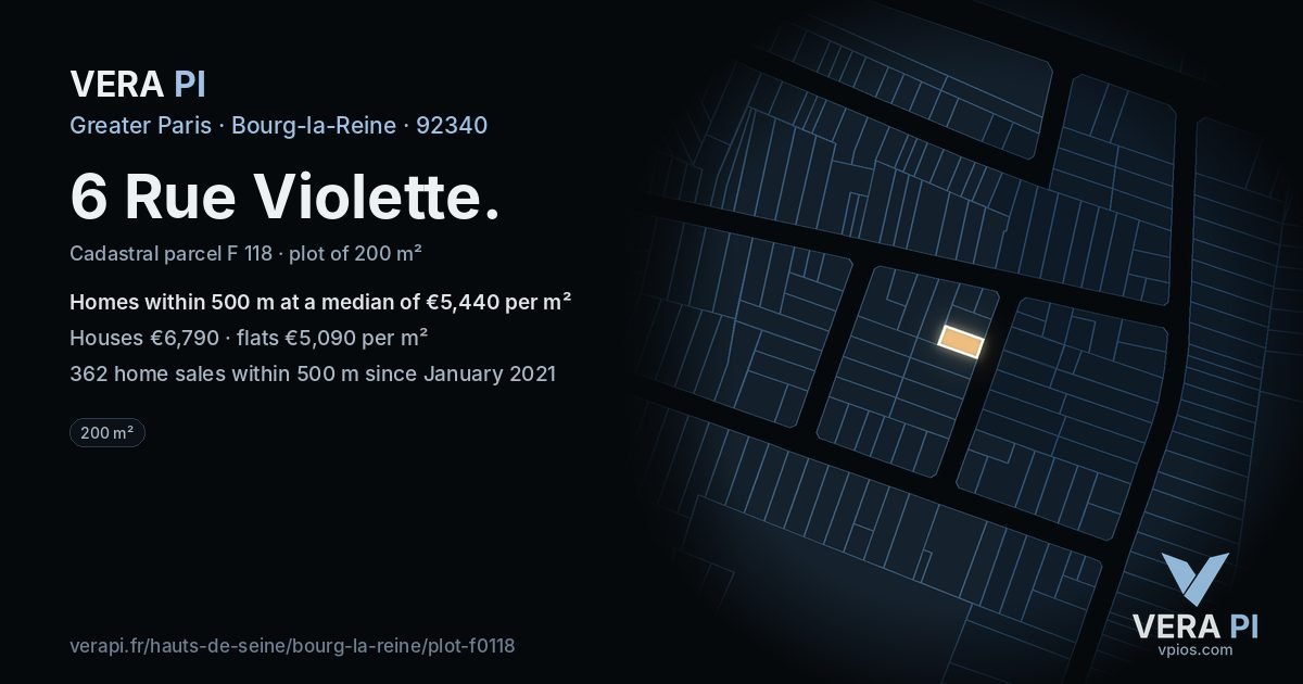 6 Rue Violette, Bourg-la-Reine at night – the plot lit, the parcels around coloured by the prices near them
