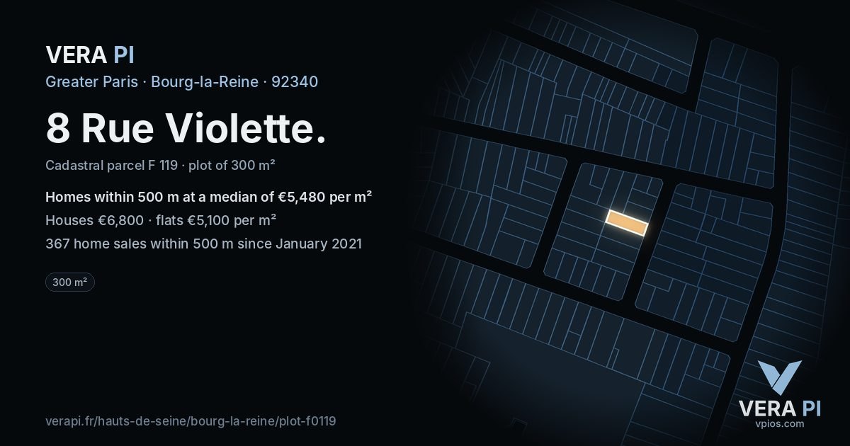 8 Rue Violette, Bourg-la-Reine at night – the plot lit, the parcels around coloured by the prices near them