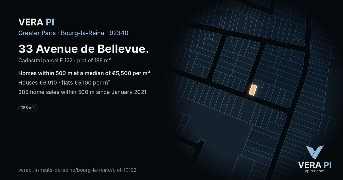 33 Avenue de Bellevue, Bourg-la-Reine at night – the plot lit, the parcels around coloured by the prices near them