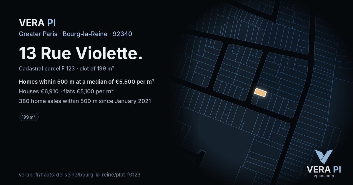 13 Rue Violette, Bourg-la-Reine at night – the plot lit, the parcels around coloured by the prices near them