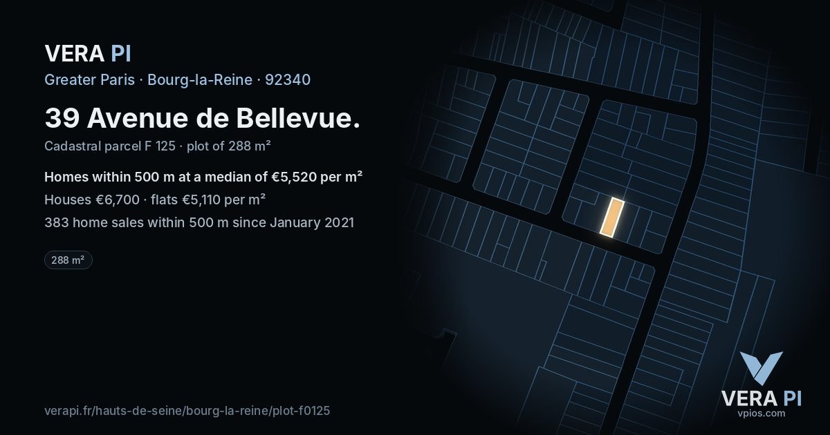 39 Avenue de Bellevue, Bourg-la-Reine at night – the plot lit, the parcels around coloured by the prices near them