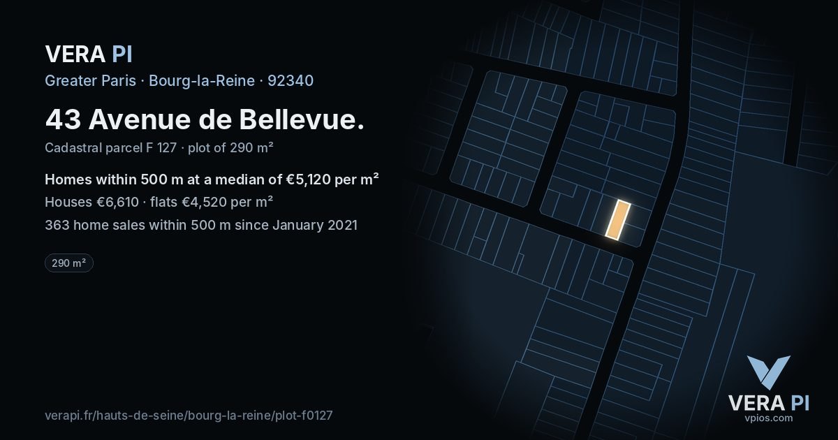 43 Avenue de Bellevue, Bourg-la-Reine at night – the plot lit, the parcels around coloured by the prices near them