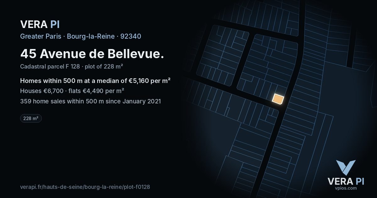 45 Avenue de Bellevue, Bourg-la-Reine at night – the plot lit, the parcels around coloured by the prices near them