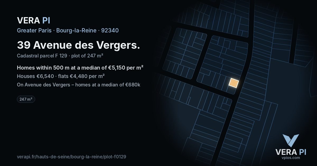 39 Avenue des Vergers, Bourg-la-Reine at night – the plot lit, the parcels around coloured by the prices near them