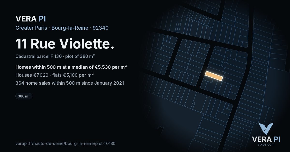 11 Rue Violette, Bourg-la-Reine at night – the plot lit, the parcels around coloured by the prices near them