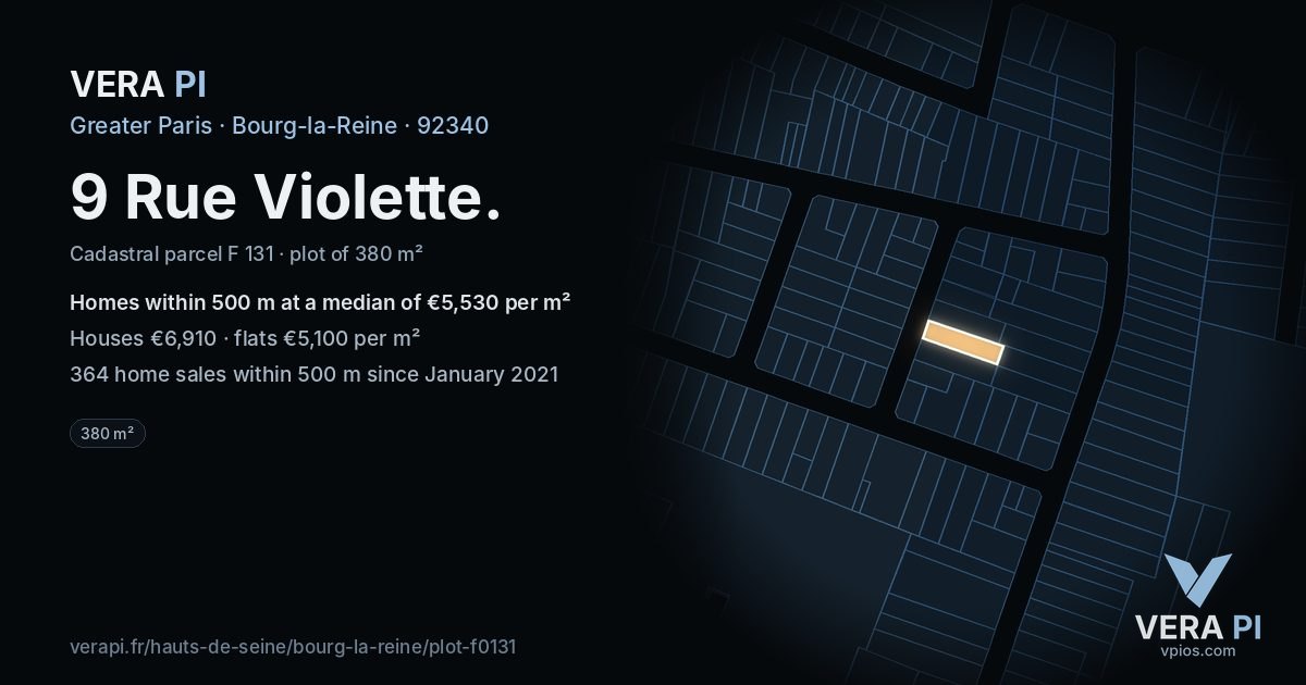 9 Rue Violette, Bourg-la-Reine at night – the plot lit, the parcels around coloured by the prices near them