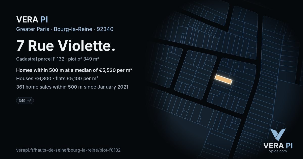 7 Rue Violette, Bourg-la-Reine at night – the plot lit, the parcels around coloured by the prices near them