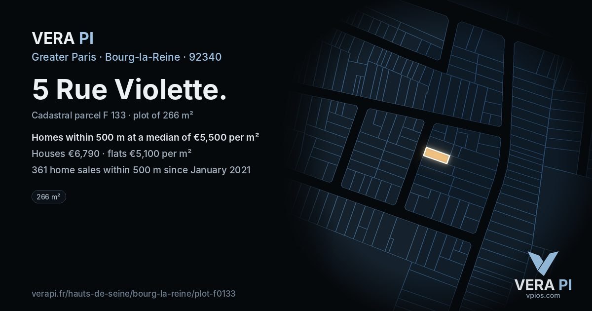 5 Rue Violette, Bourg-la-Reine at night – the plot lit, the parcels around coloured by the prices near them