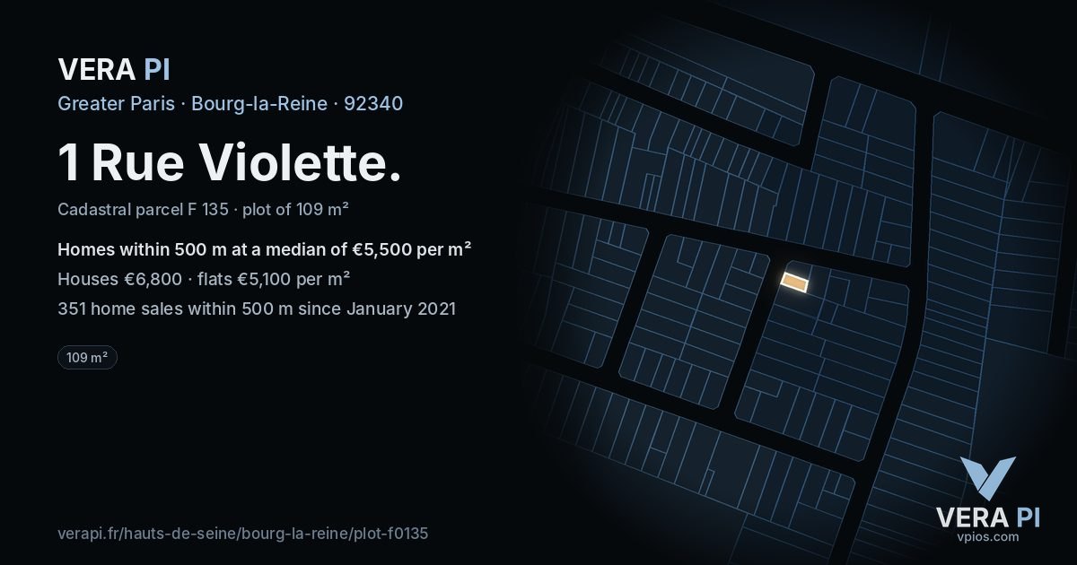 1 Rue Violette, Bourg-la-Reine at night – the plot lit, the parcels around coloured by the prices near them