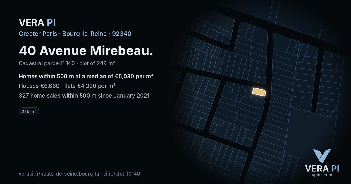 40 Avenue Mirebeau, Bourg-la-Reine at night – the plot lit, the parcels around coloured by the prices near them
