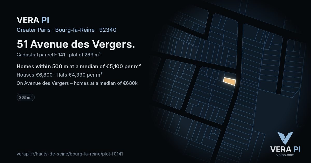 51 Avenue des Vergers, Bourg-la-Reine at night – the plot lit, the parcels around coloured by the prices near them