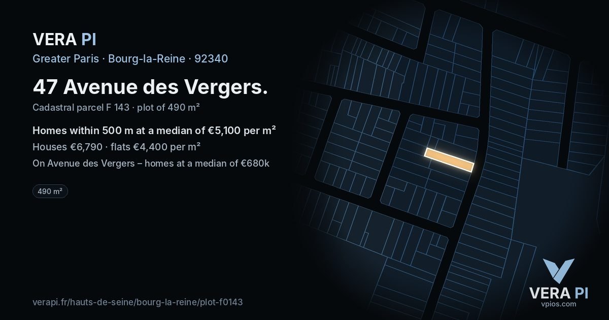 47 Avenue des Vergers, Bourg-la-Reine at night – the plot lit, the parcels around coloured by the prices near them