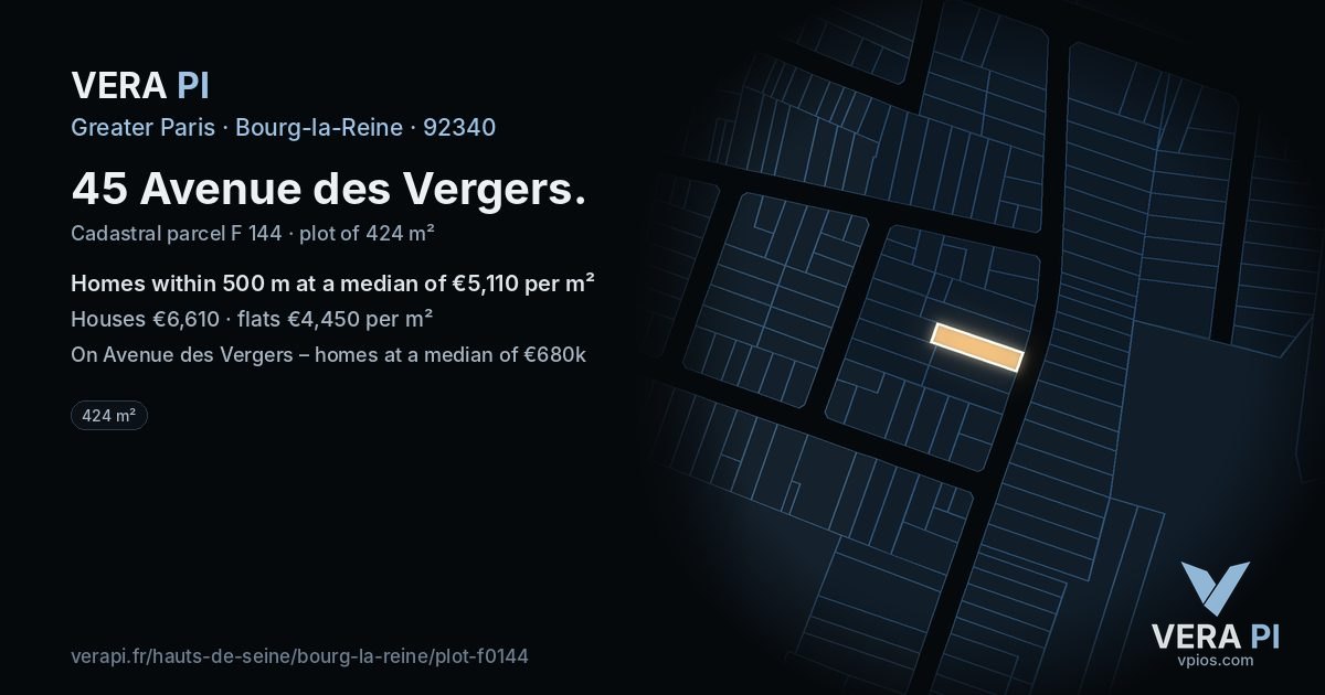 45 Avenue des Vergers, Bourg-la-Reine at night – the plot lit, the parcels around coloured by the prices near them