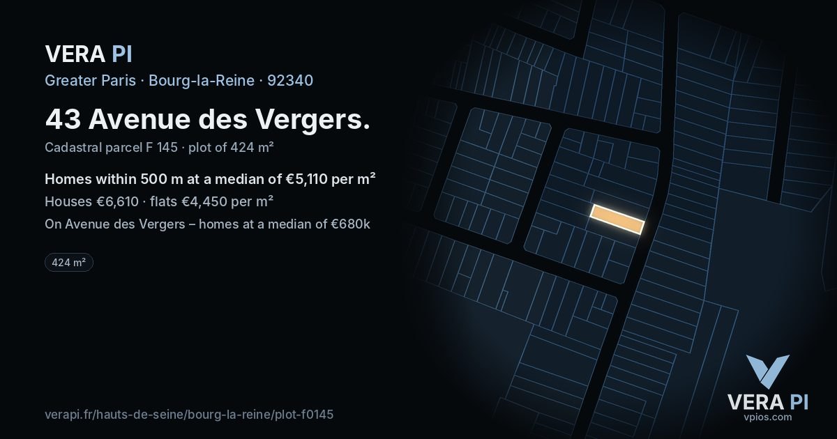 43 Avenue des Vergers, Bourg-la-Reine at night – the plot lit, the parcels around coloured by the prices near them
