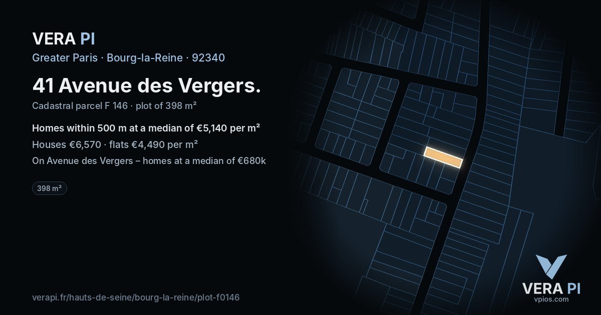 41 Avenue des Vergers, Bourg-la-Reine at night – the plot lit, the parcels around coloured by the prices near them