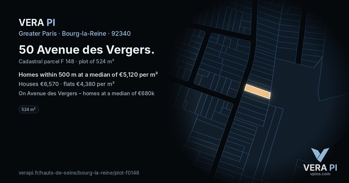 50 Avenue des Vergers, Bourg-la-Reine at night – the plot lit, the parcels around coloured by the prices near them