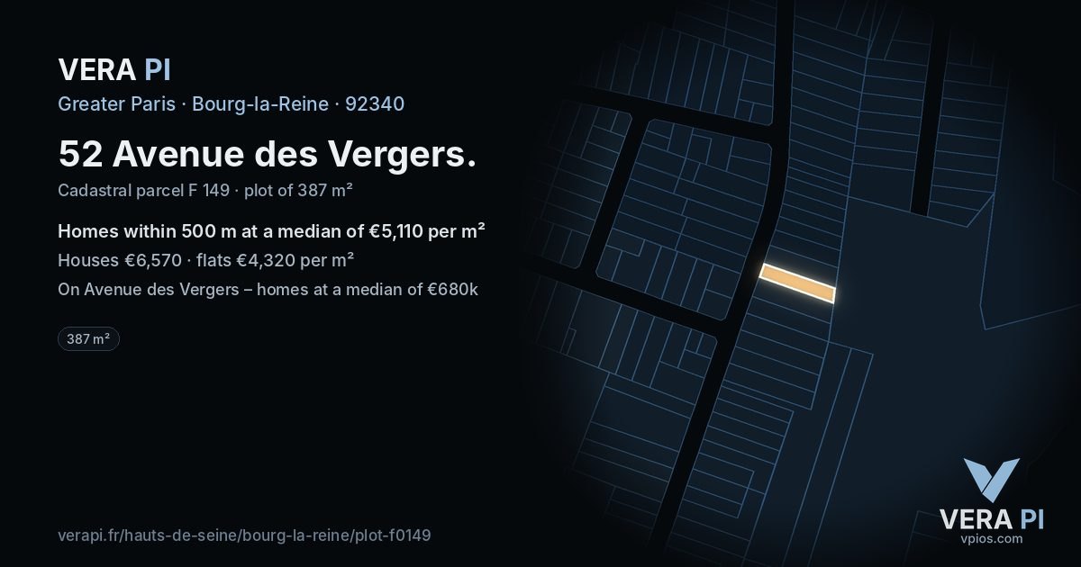 52 Avenue des Vergers, Bourg-la-Reine at night – the plot lit, the parcels around coloured by the prices near them